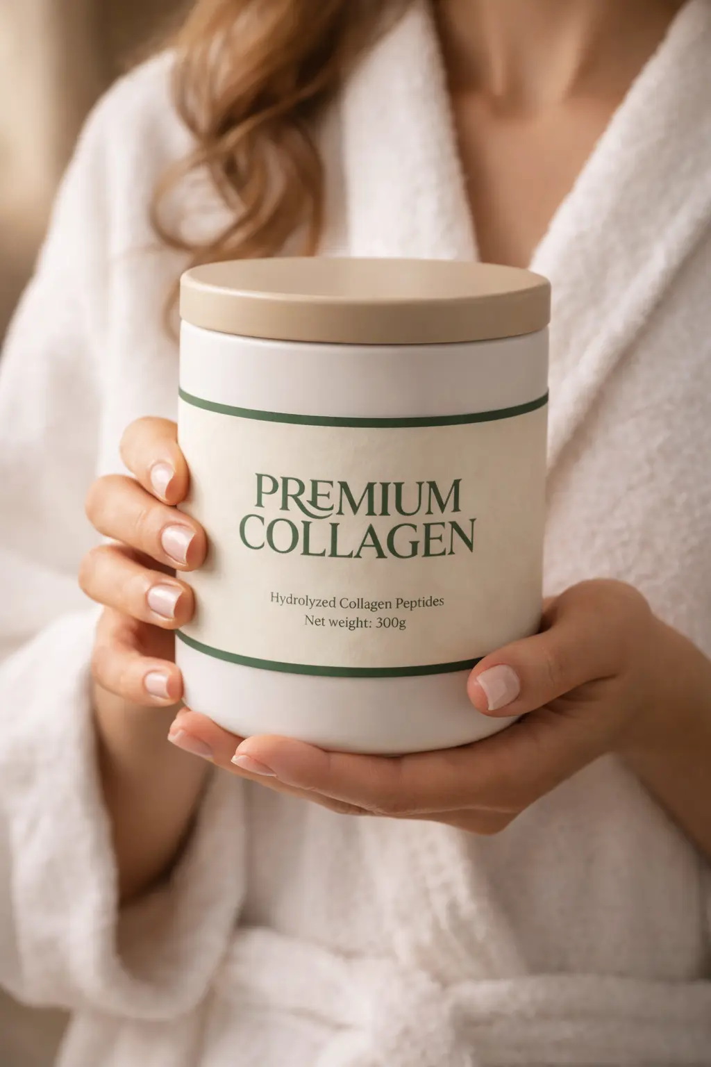 Dłonie trzymające słoik Premium Collagen w naturze